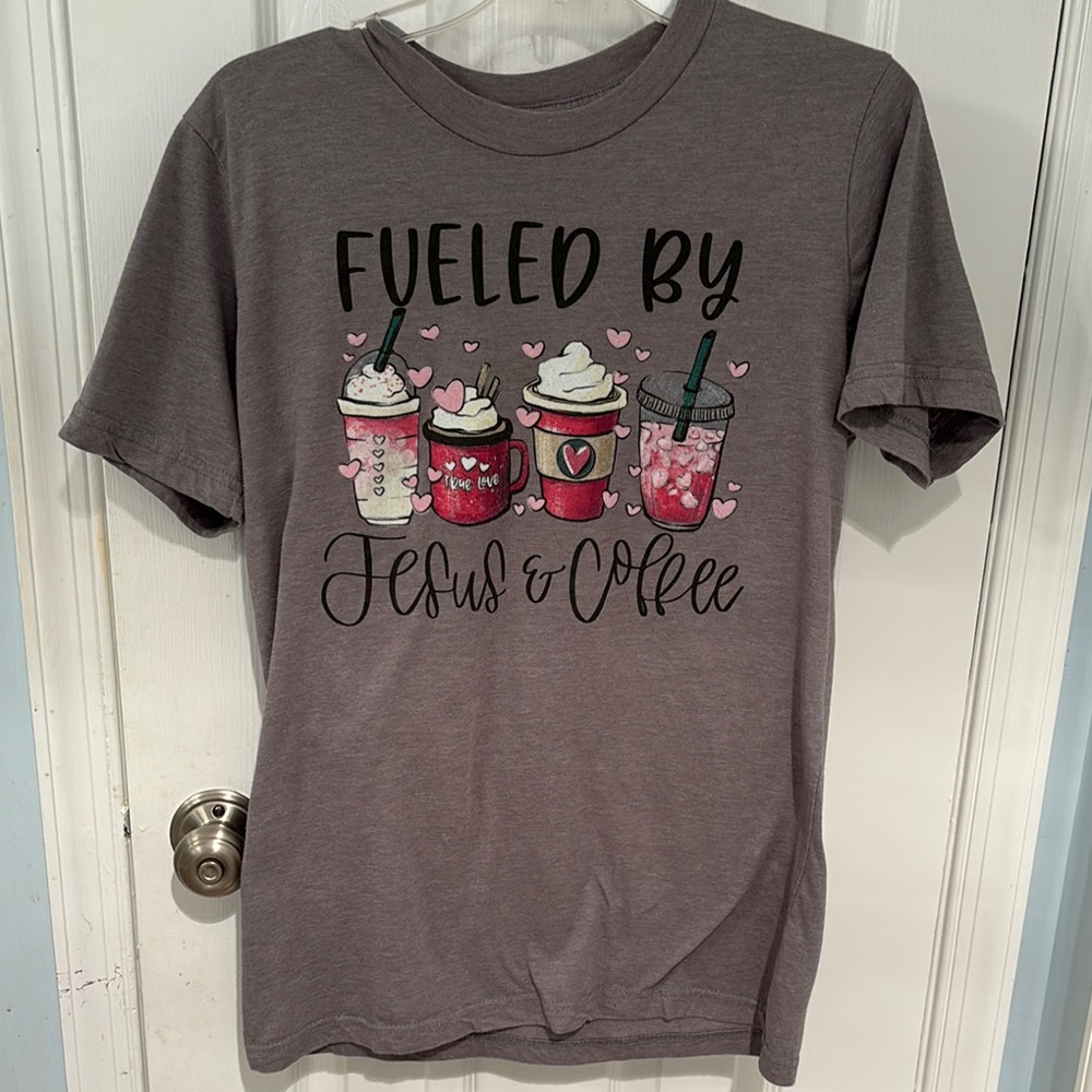 Gray Graphic Tee with Coffee Design